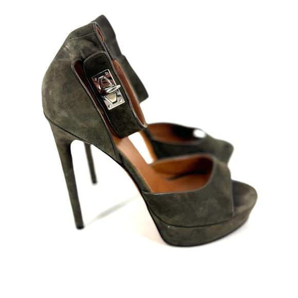 Givenchy Olive Green Shark Lock Suede Platform Heels - Picture 4 of 6
